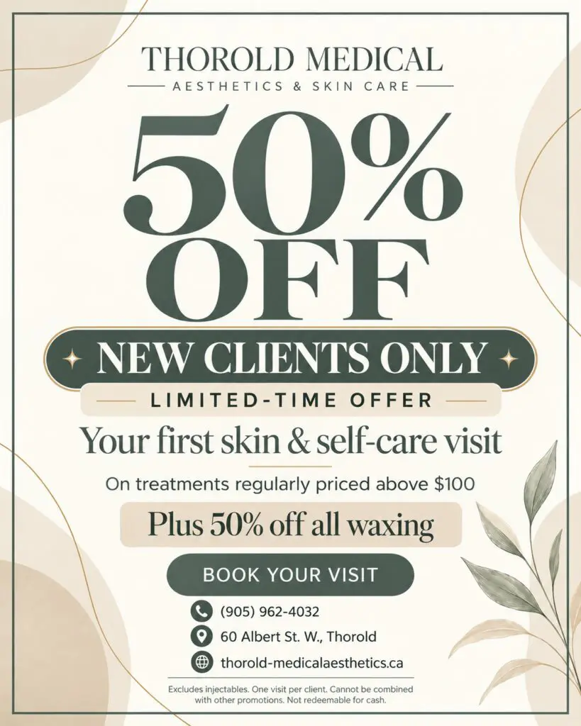 EW CLIENT OFFER — 50% OFF
Your skin journey starts here.
Discover personalized care at Thorold Medical Aesthetics & Skin Care with 50% off your first eligible facial or body contouring treatment.
Whether you’re looking to refresh your complexion or begin a regular self-care routine, we’ll help you choose a treatment suited to your goals.
BOOK YOUR FIRST VISIT
New clients only. Limited-time offer. Applies to facial and body contouring treatments with a regular price above $100. Subject to consultation and treatment suitability. Cannot be combined with other promotions.